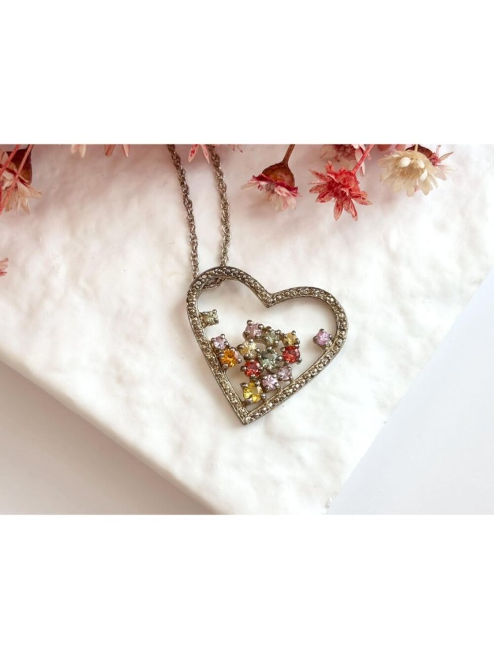 Rainbow Gemstone Heart Shaped Sterling Silver 925 Vintage Pendant Necklace - 18" - Picture 14 of 16